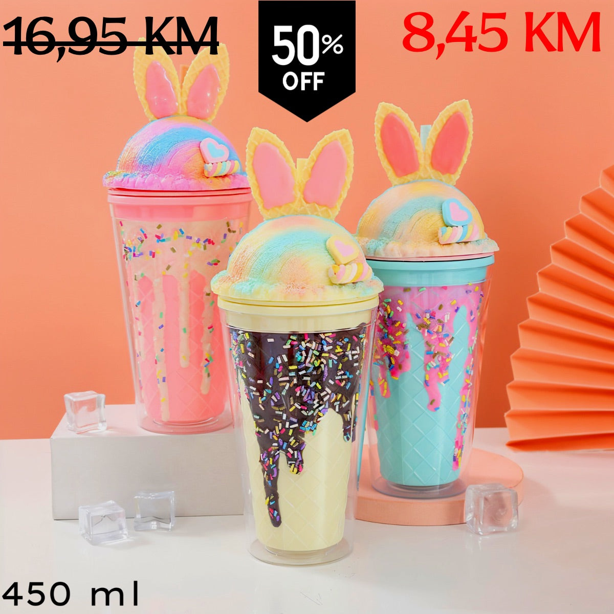 Pastel boje zajačje čaše LATTE CHOCOLATE FLAŠA s dužicom sladoleda i posipom